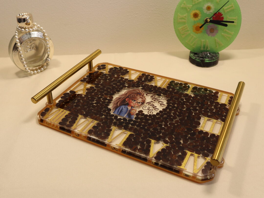 Golden Coffee Epoxy Resin Serving Tray - Handmade Decorative Coffee Table Tray