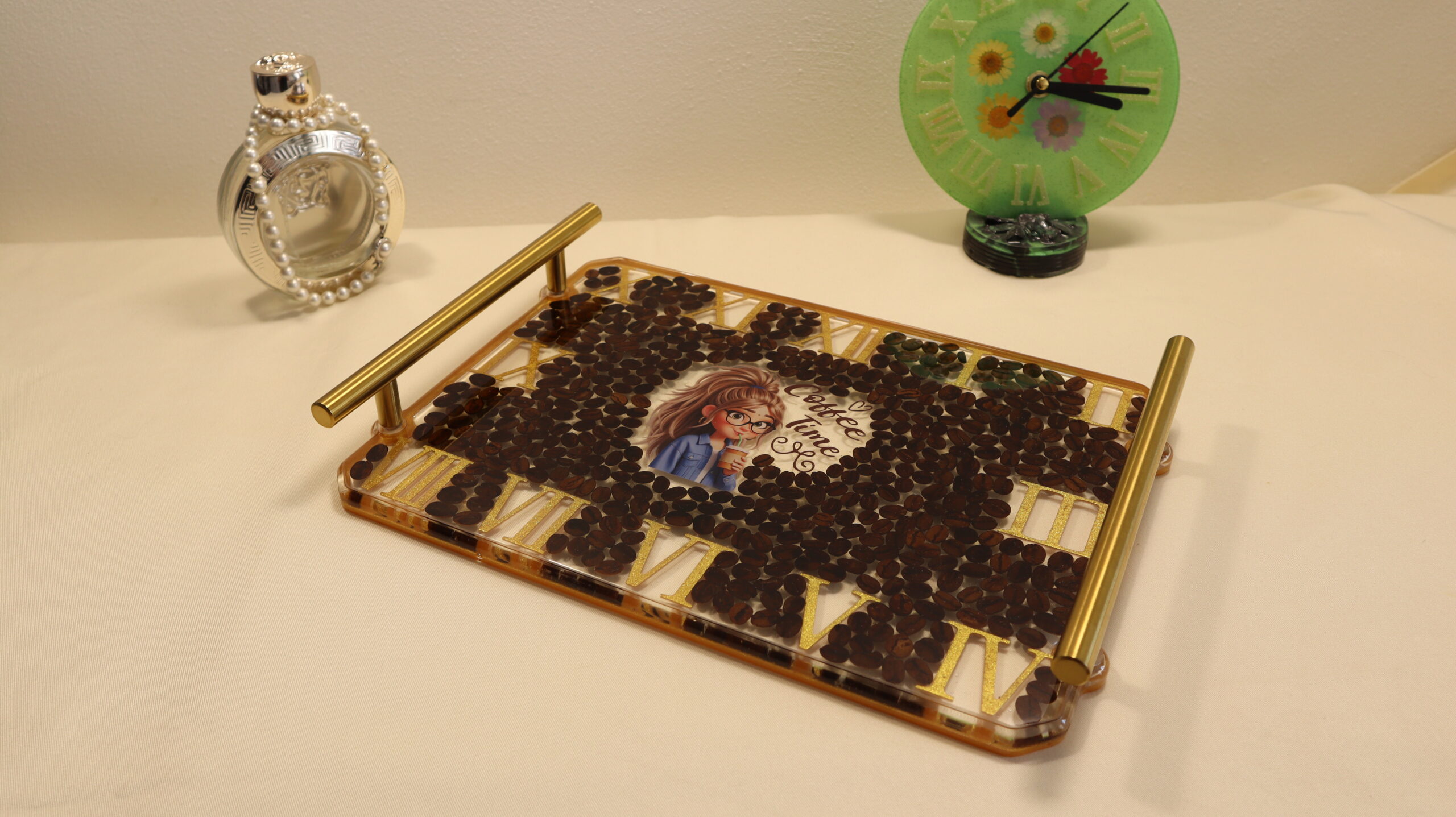 Golden Coffee Epoxy Resin Serving Tray – Handmade Decorative Coffee Table Tray