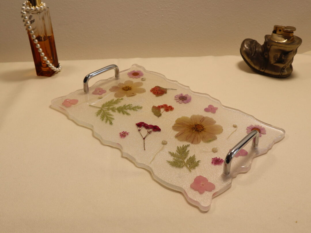 Silver Floral Epoxy Resin Serving Tray - Handmade Decorative Coffee Table Tray