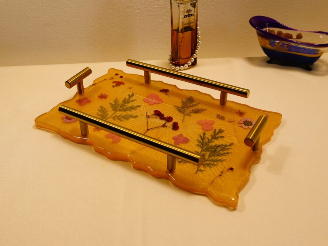 Golden Floral Epoxy Resin Serving Tray - Handmade Decorative Coffee Table Tray