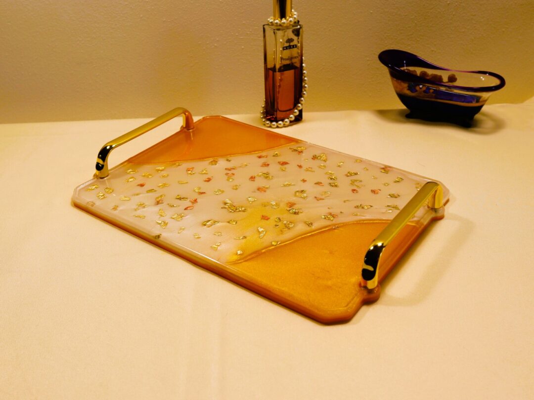 Honey Gold Epoxy Resin Serving Tray - Handmade Decorative Coffee Table Tray