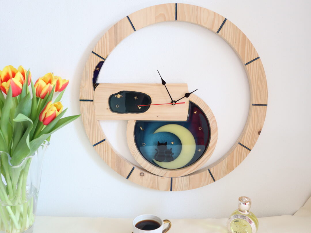 Moon Epoxy Resin Wall Clock - Handmade Wood Resin Celestial Decor
