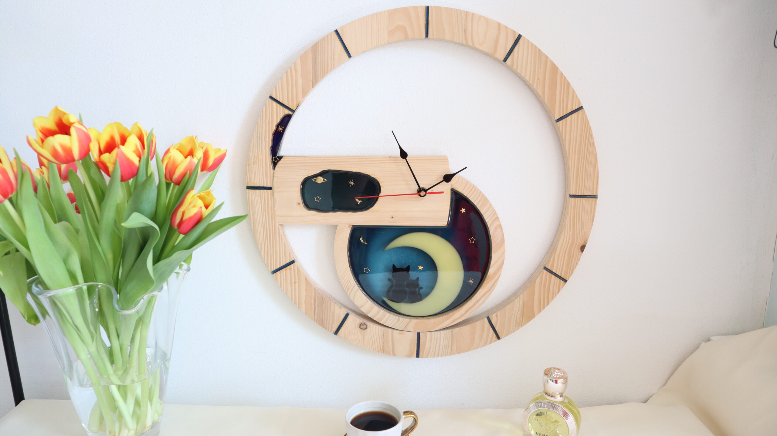 Moon Epoxy Resin Wall Clock – Handmade Wood Resin Celestial Decor