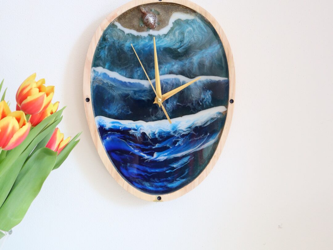 Ocean Wave Epoxy Resin Wall Clock - Handmade Wood Resin Coastal Decor