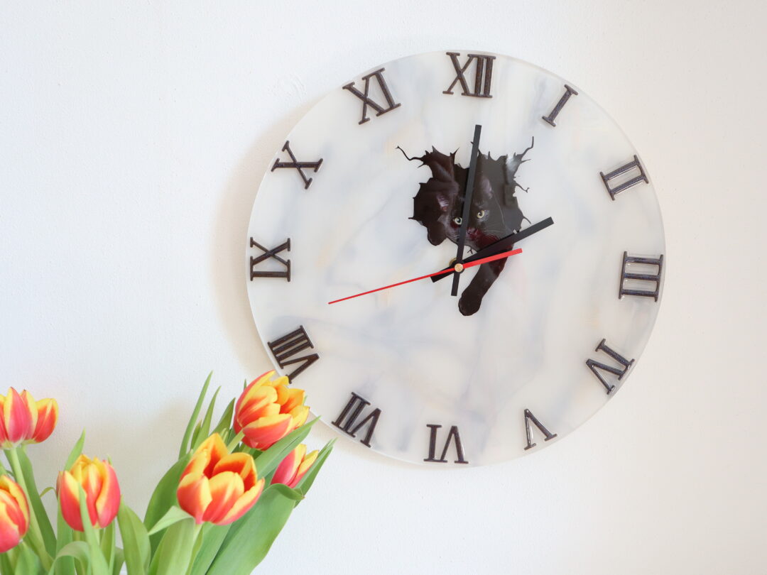 Black Cat Epoxy Resin Wall Clock - Handmade Wood Resin Decorative Clock