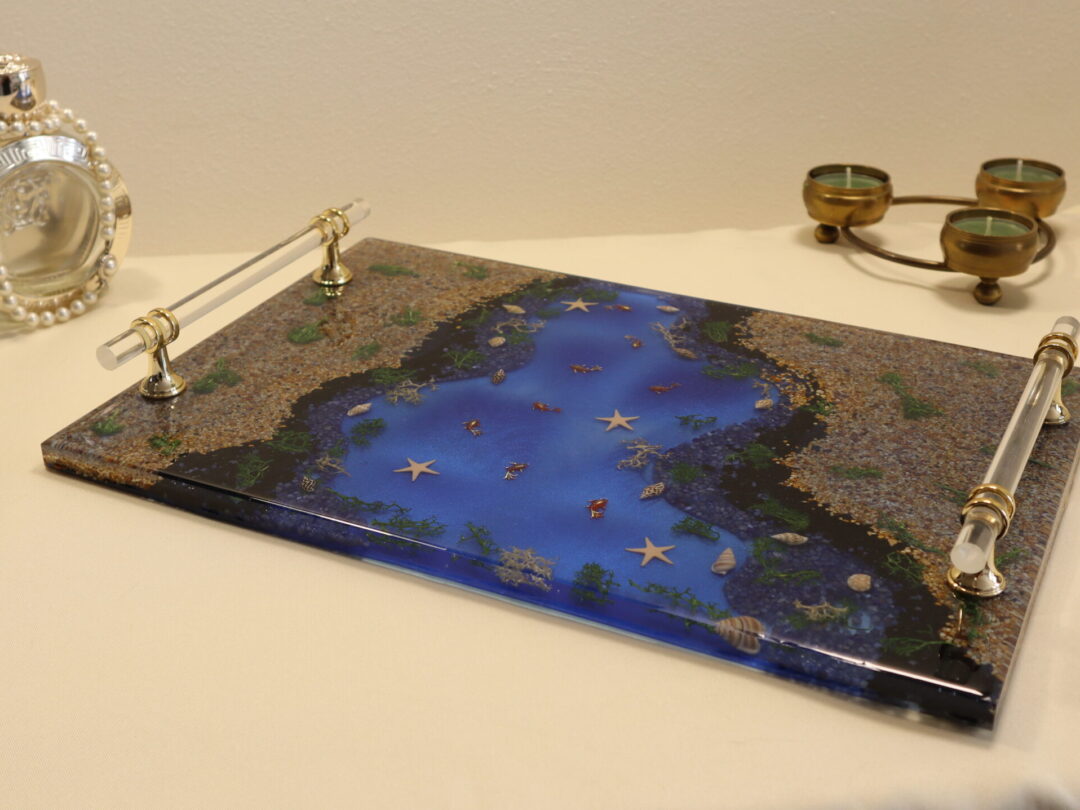 Blue Lagoon Epoxy Resin Serving Tray - Handmade Coastal Decorative Tray