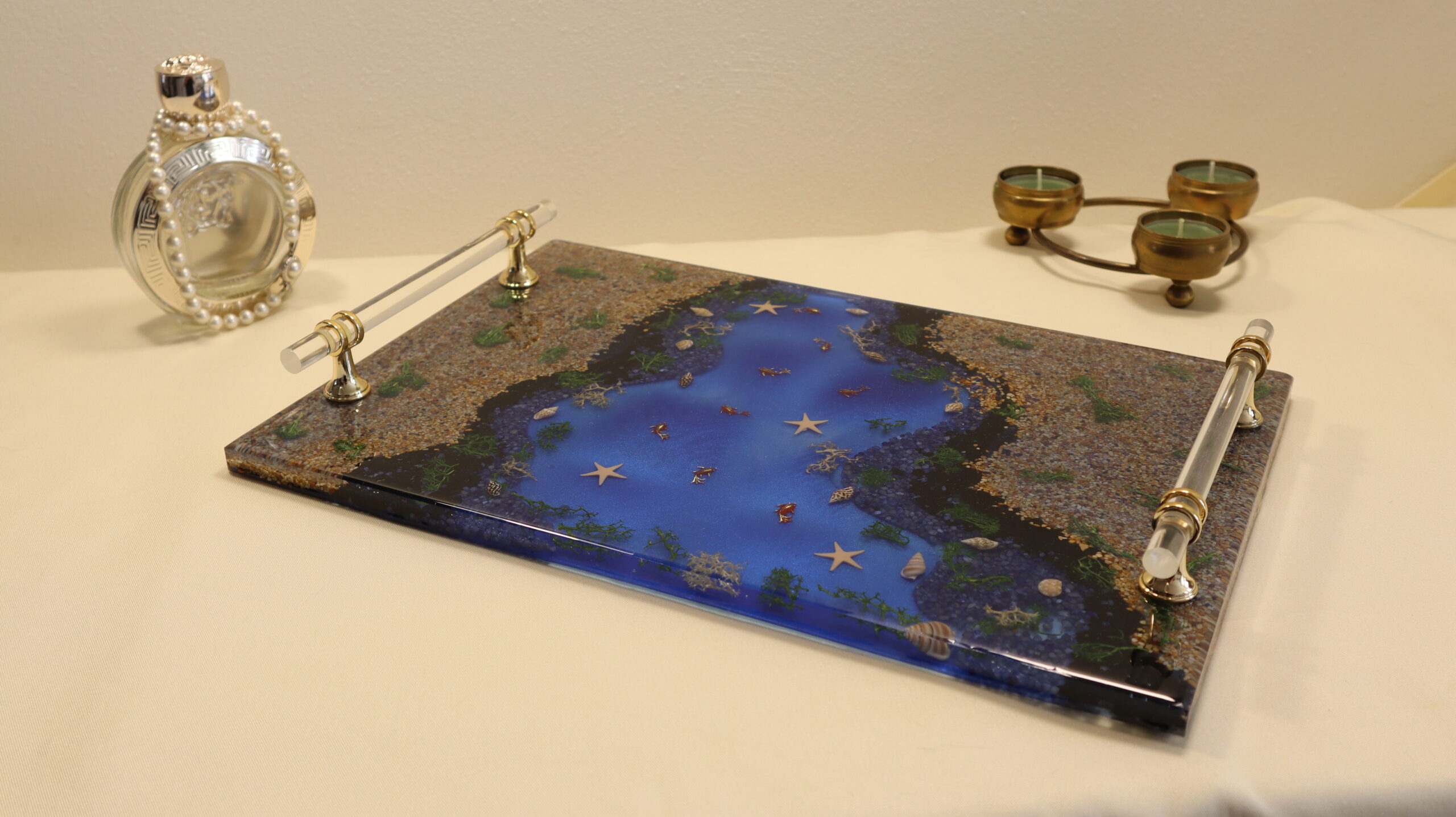 Blue Lagoon Epoxy Resin Serving Tray – Handmade Coastal Decorative Tray