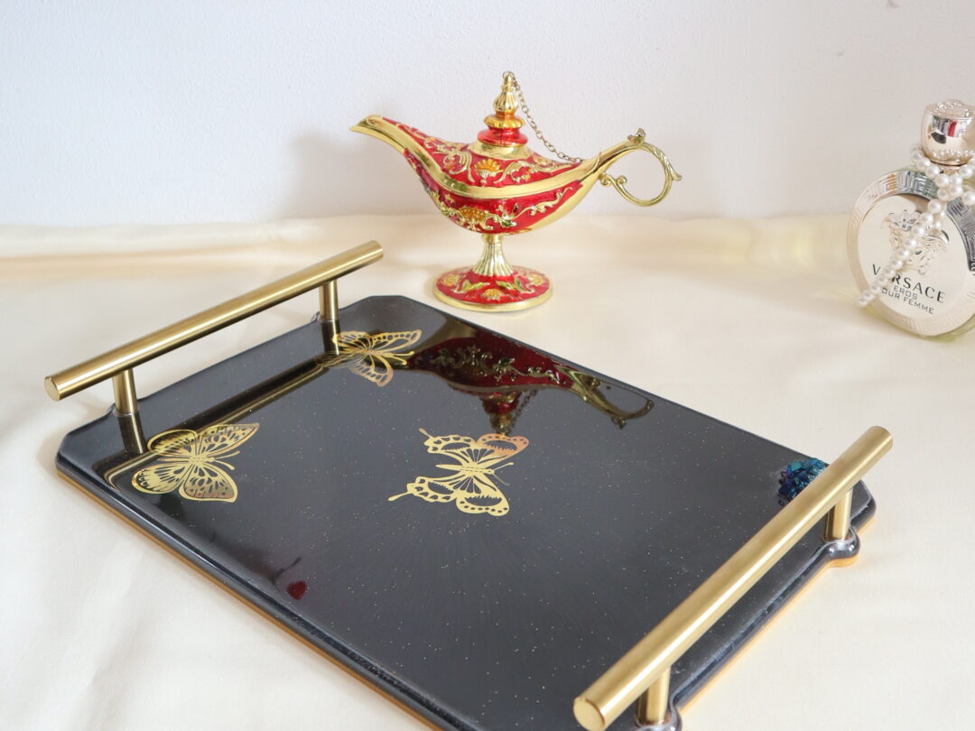 Golden Butterfly Noir – Epoxy Resin Serving Tray - Handmade Decorative Gift Tray
