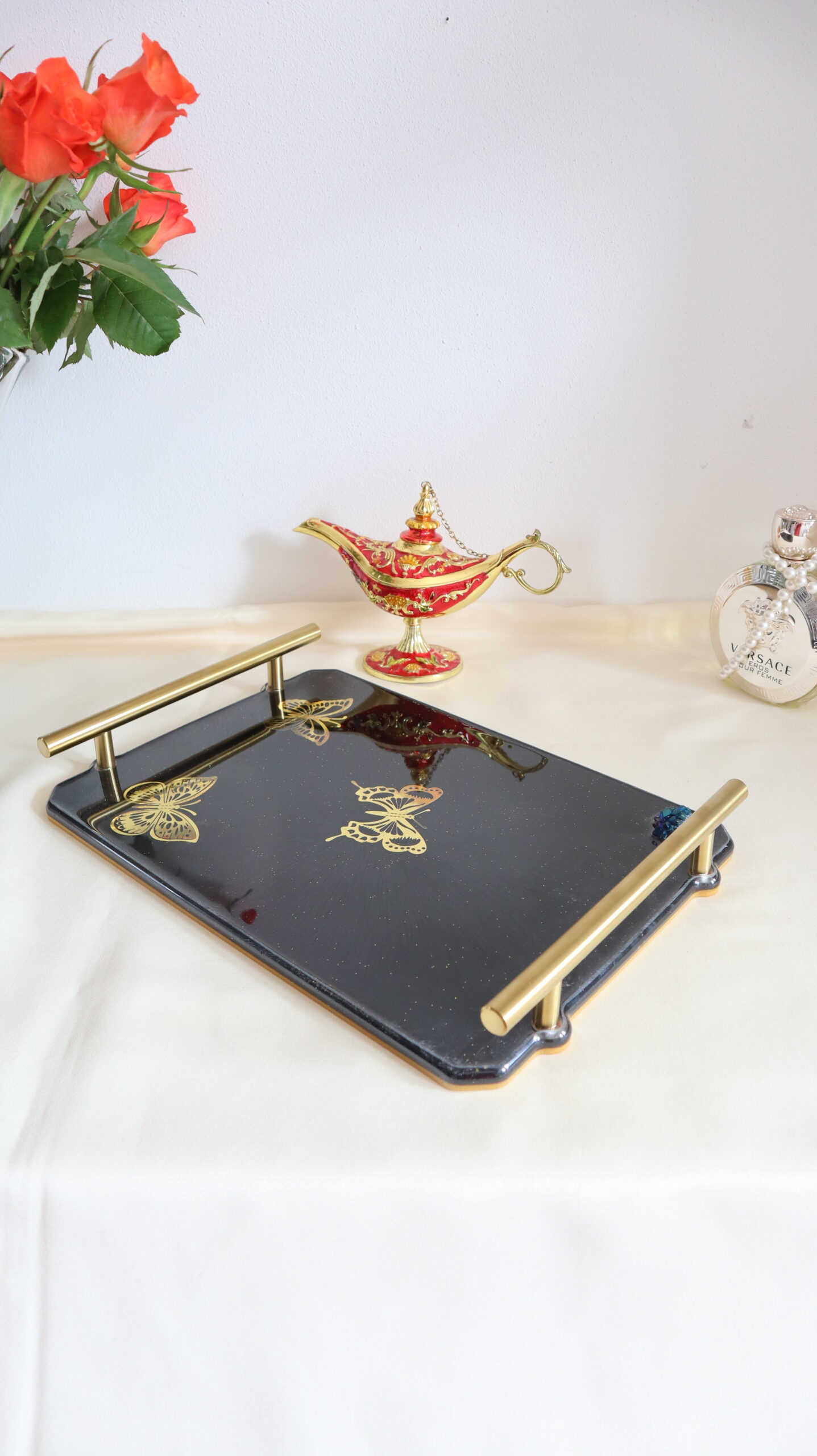 Golden Butterfly Noir – Epoxy Resin Serving Tray – Handmade Decorative Gift Tray