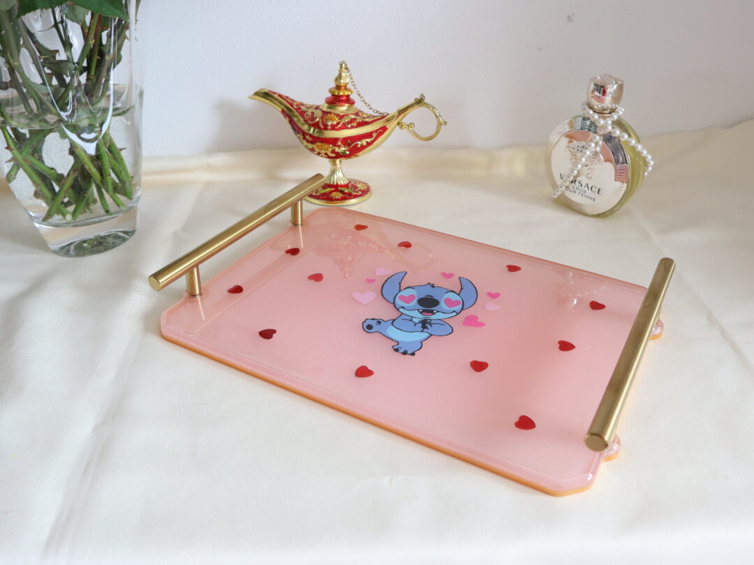Stitch Love Pink - Epoxy Resin Serving Tray for Kids - Handmade Decorative Gift Tray
