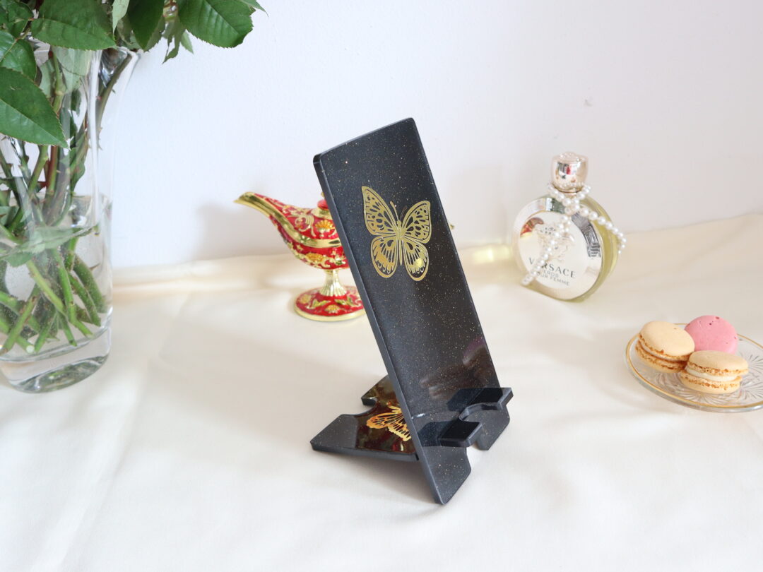 Golden Butterfly Stand – Handmade Epoxy Resin Phone Holder